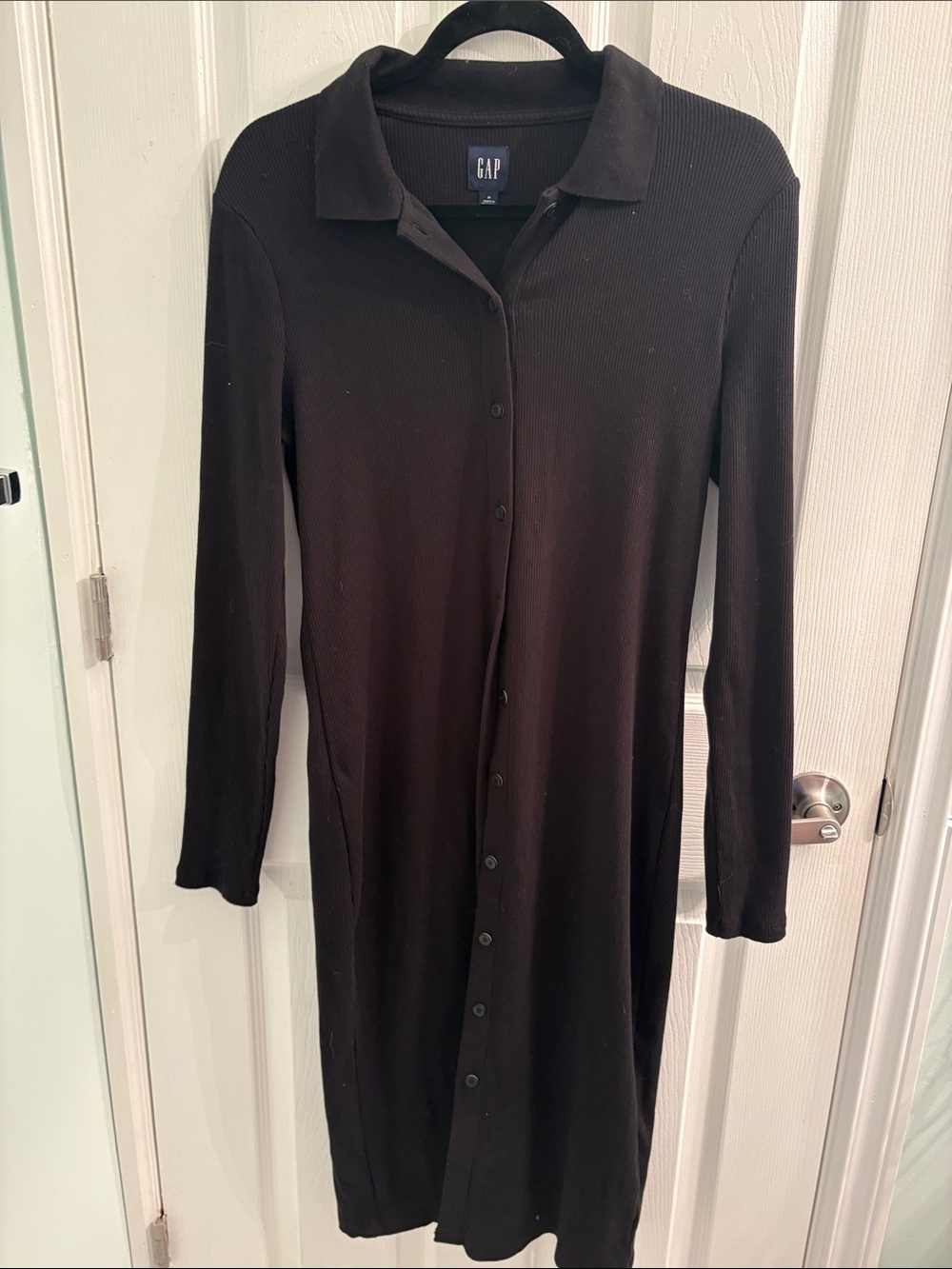 GAP Ribbed Button Front Midi Dress Black Long Sleeve
